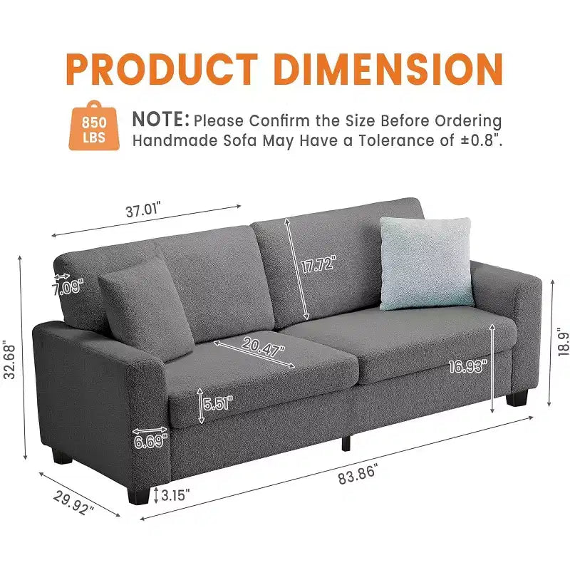 83 Inch Modern 3 Seater Sofa, Deep Seats Cloud Couch for Living Room, Bedroom, Office