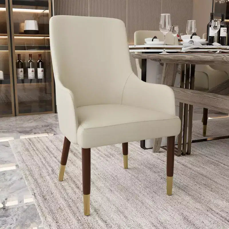 Dining Armchair in Leather Upholstery with Gold Accent Wood Legs for Modern Kitchen and Home