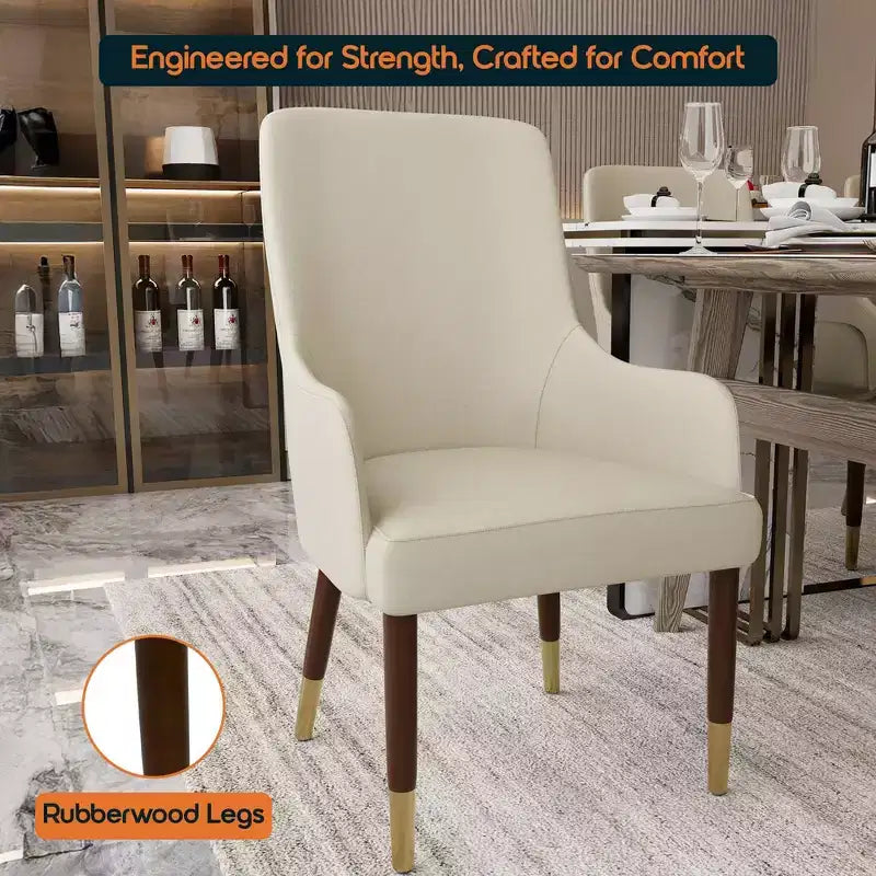Dining Armchair in Leather Upholstery with Gold Accent Wood Legs for Modern Kitchen and Home