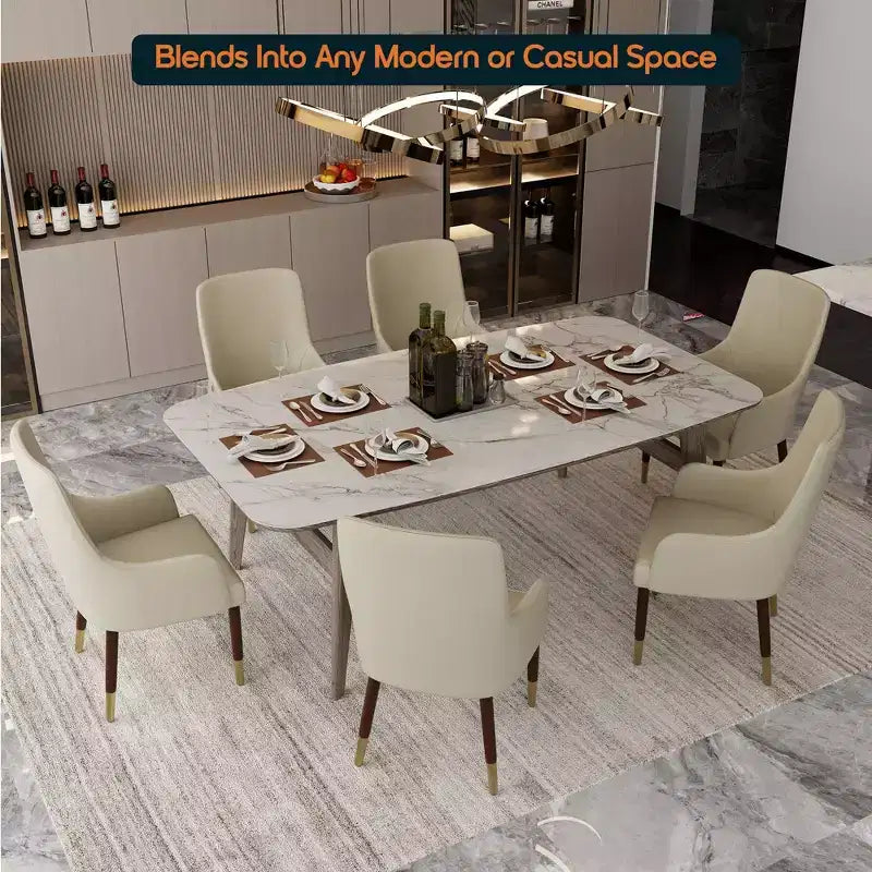 Dining Armchair in Leather Upholstery with Gold Accent Wood Legs for Modern Kitchen and Home