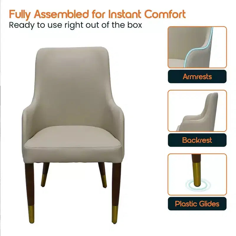Dining Armchair in Leather Upholstery with Gold Accent Wood Legs for Modern Kitchen and Home
