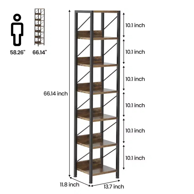 Slim Iron Wood Bookshelf Vintage - Narrow Space Saving Storage Shelf for Small Spaces, Retro Home Decor