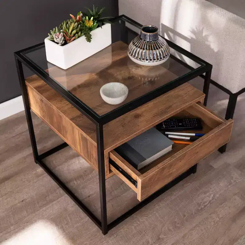 Glass-Top End Table with Storage - Black