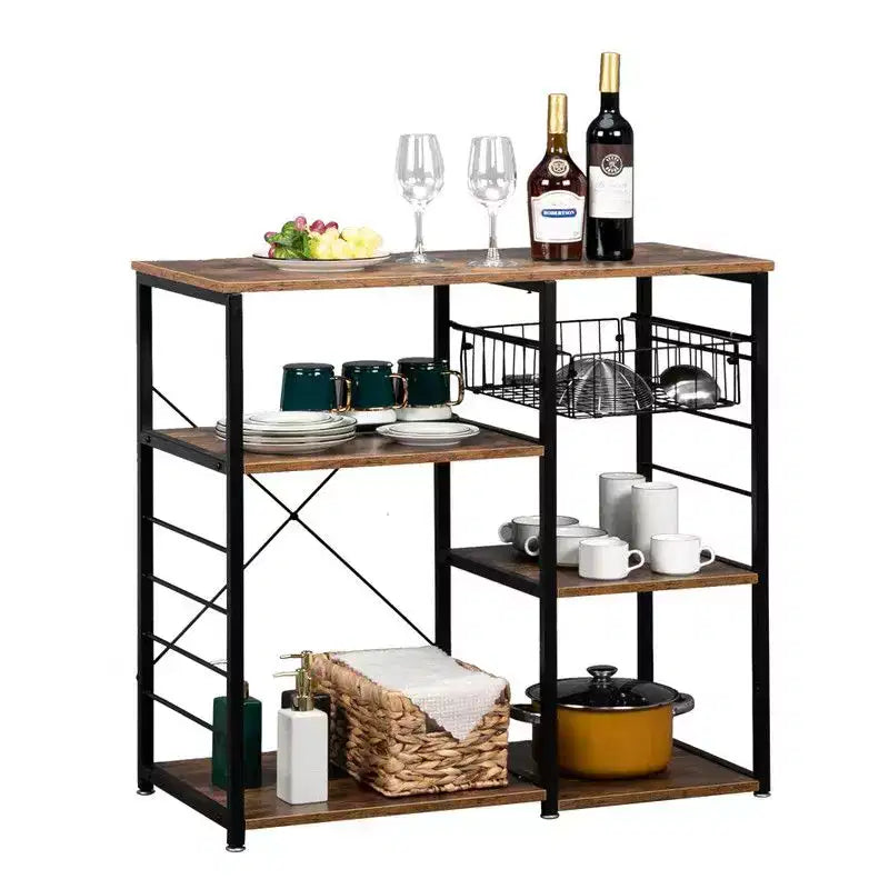 5-Layer Industrial Iron Kitchen Shelf Storage With Drain Basket Hook