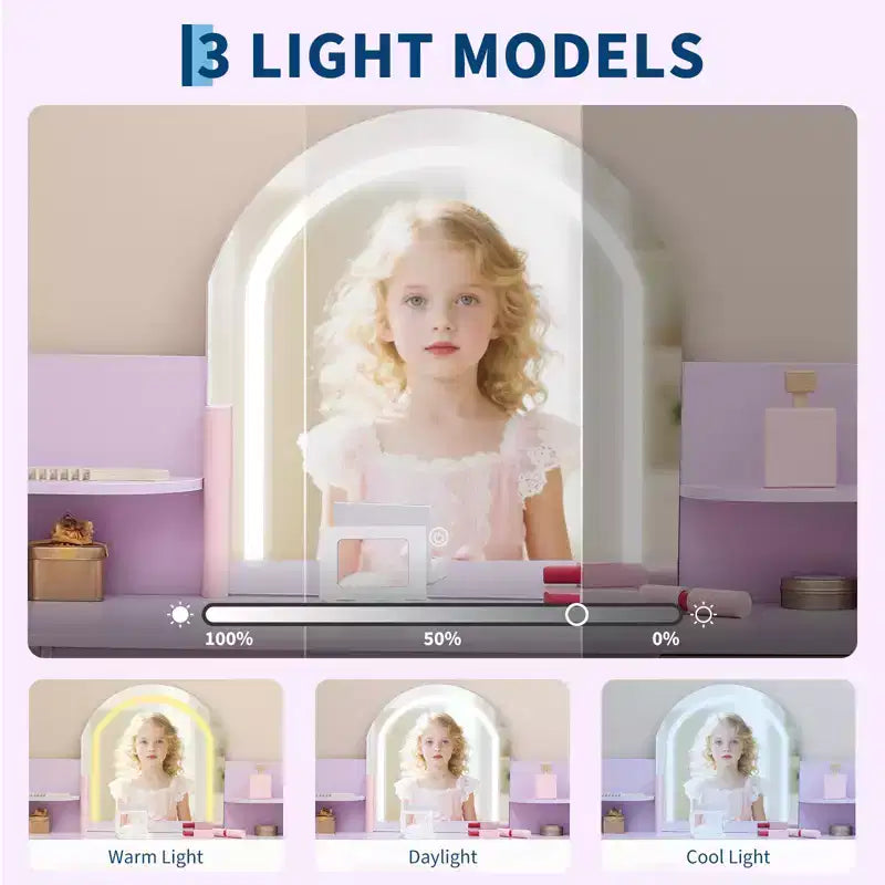 Kids Vanity with Lighted Mirror, Adjustable LED Light, Drawer & Open Shelves for Girls Ages 3-9