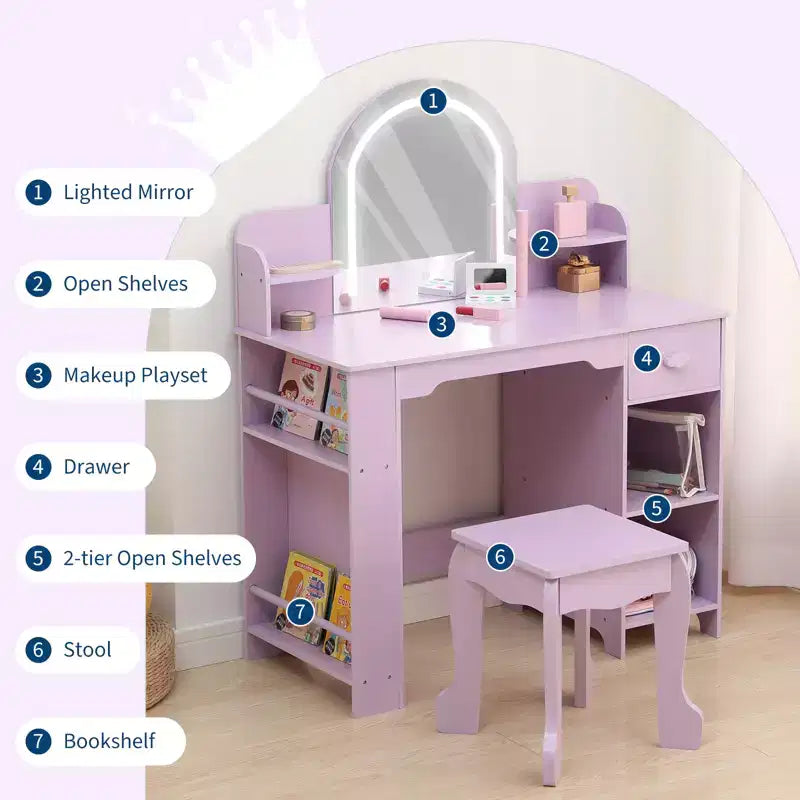 Kids Vanity with Lighted Mirror, Adjustable LED Light, Drawer & Open Shelves for Girls Ages 3-9