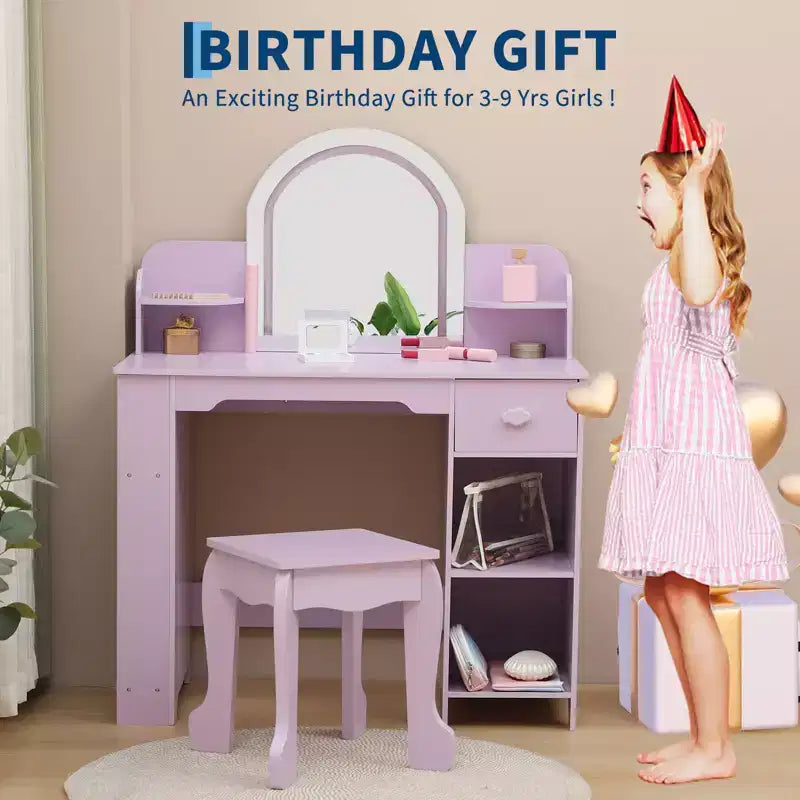 Kids Vanity with Lighted Mirror, Adjustable LED Light, Drawer & Open Shelves for Girls Ages 3-9