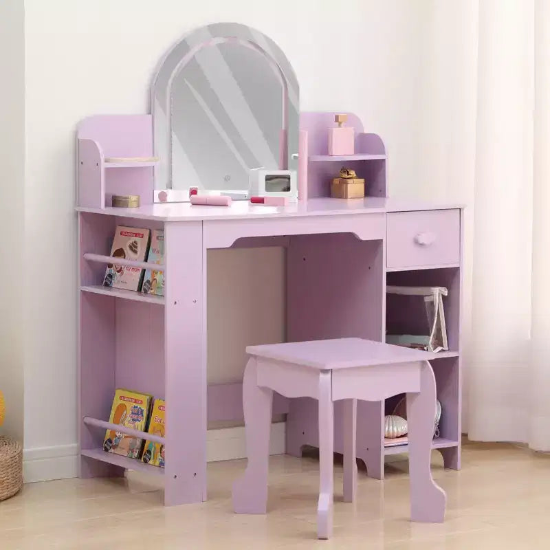 Kids Vanity with Lighted Mirror, Adjustable LED Light, Drawer & Open Shelves for Girls Ages 3-9