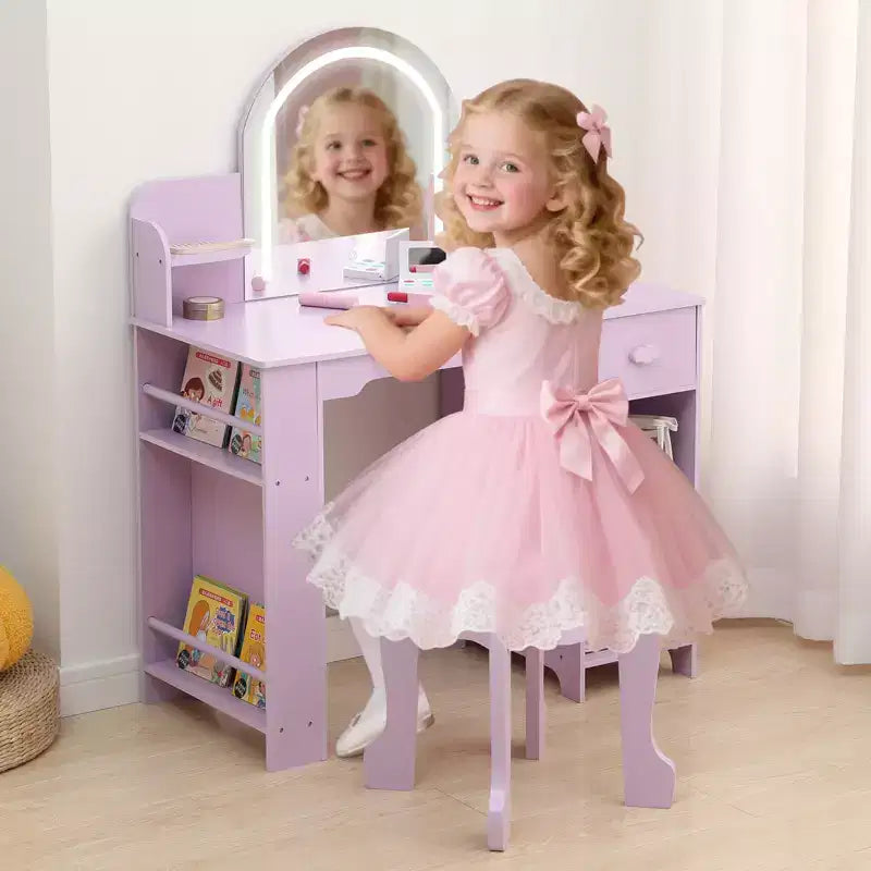 Kids Vanity with Lighted Mirror, Adjustable LED Light, Drawer & Open Shelves for Girls Ages 3-9