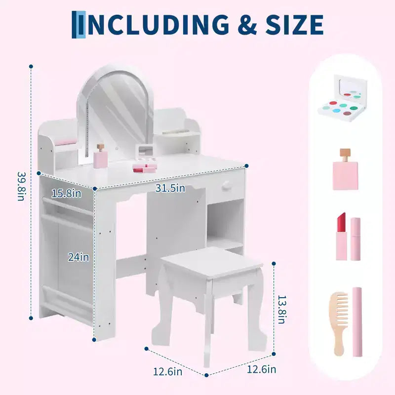 Kids Vanity with Lighted Mirror, Adjustable LED Light, Drawer & Open Shelves for Girls Ages 3-9