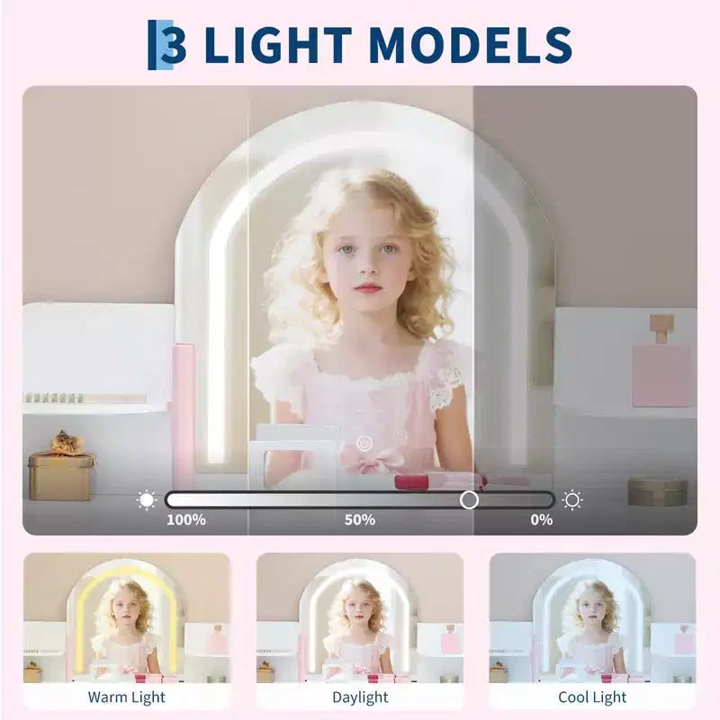 Kids Vanity with Lighted Mirror, Adjustable LED Light, Drawer & Open Shelves for Girls Ages 3-9