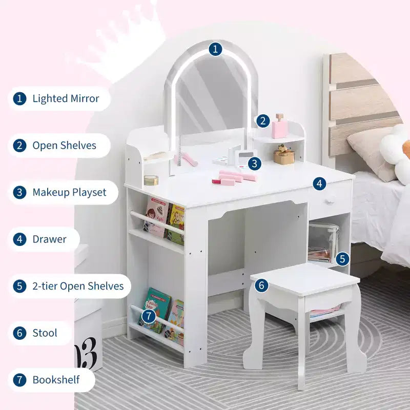 Kids Vanity with Lighted Mirror, Adjustable LED Light, Drawer & Open Shelves for Girls Ages 3-9