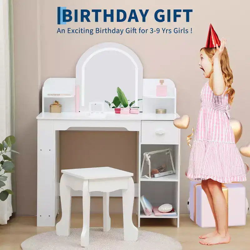 Kids Vanity with Lighted Mirror, Adjustable LED Light, Drawer & Open Shelves for Girls Ages 3-9