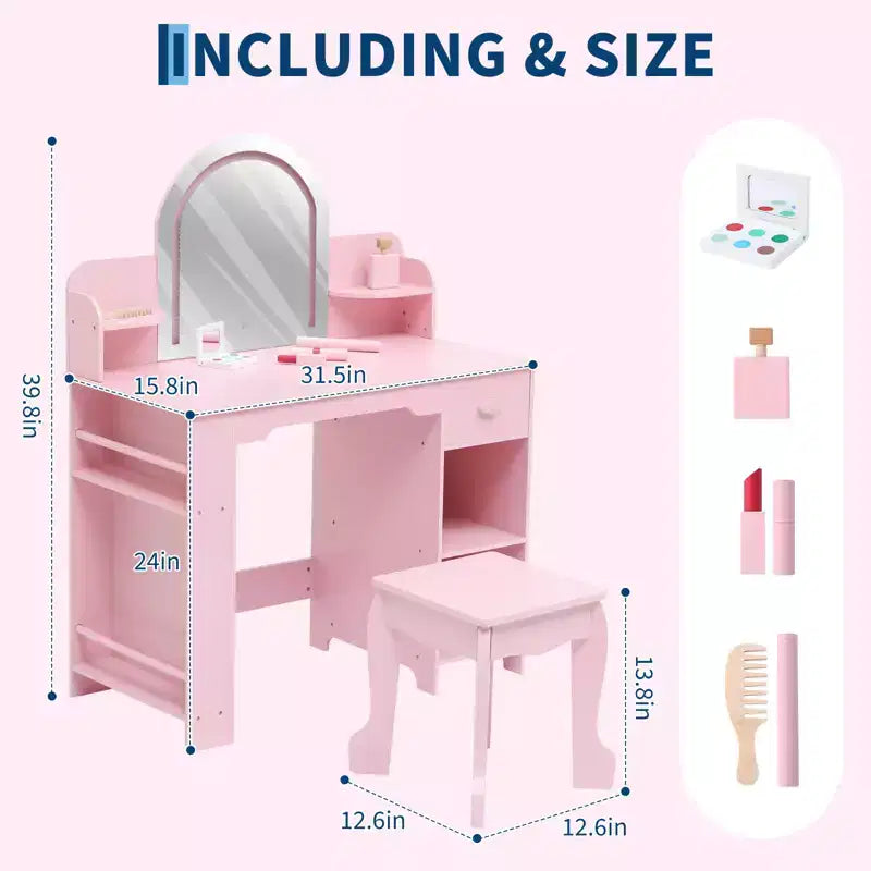 Kids Vanity with Lighted Mirror, Adjustable LED Light, Drawer & Open Shelves for Girls Ages 3-9