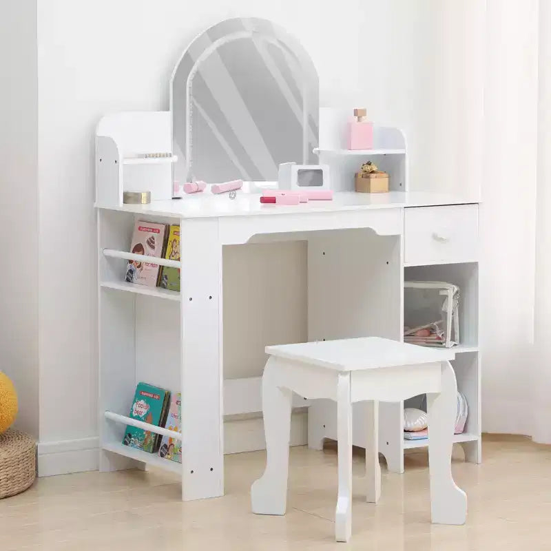 Kids Vanity with Lighted Mirror, Adjustable LED Light, Drawer & Open Shelves for Girls Ages 3-9