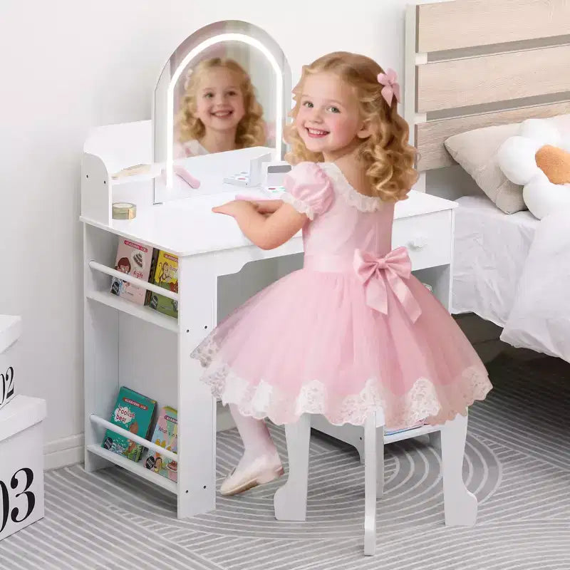 Kids Vanity with Lighted Mirror, Adjustable LED Light, Drawer & Open Shelves for Girls Ages 3-9