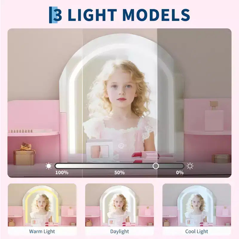 Kids Vanity with Lighted Mirror, Adjustable LED Light, Drawer & Open Shelves for Girls Ages 3-9