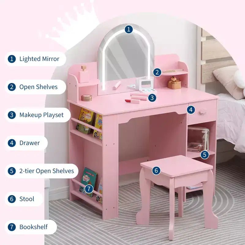 Kids Vanity with Lighted Mirror, Adjustable LED Light, Drawer & Open Shelves for Girls Ages 3-9