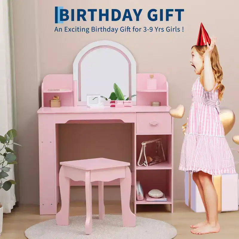 Kids Vanity with Lighted Mirror, Adjustable LED Light, Drawer & Open Shelves for Girls Ages 3-9
