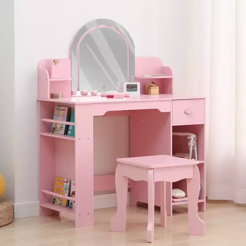 Kids Vanity with Lighted Mirror, Adjustable LED Light, Drawer & Open Shelves for Girls Ages 3-9