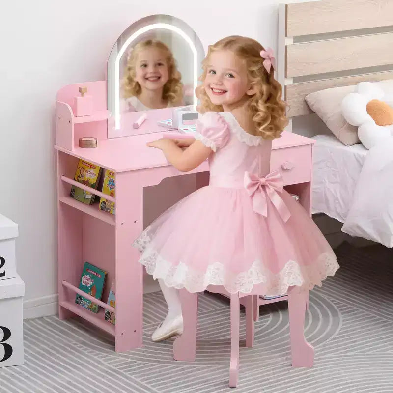 Kids Vanity with Lighted Mirror, Adjustable LED Light, Drawer & Open Shelves for Girls Ages 3-9