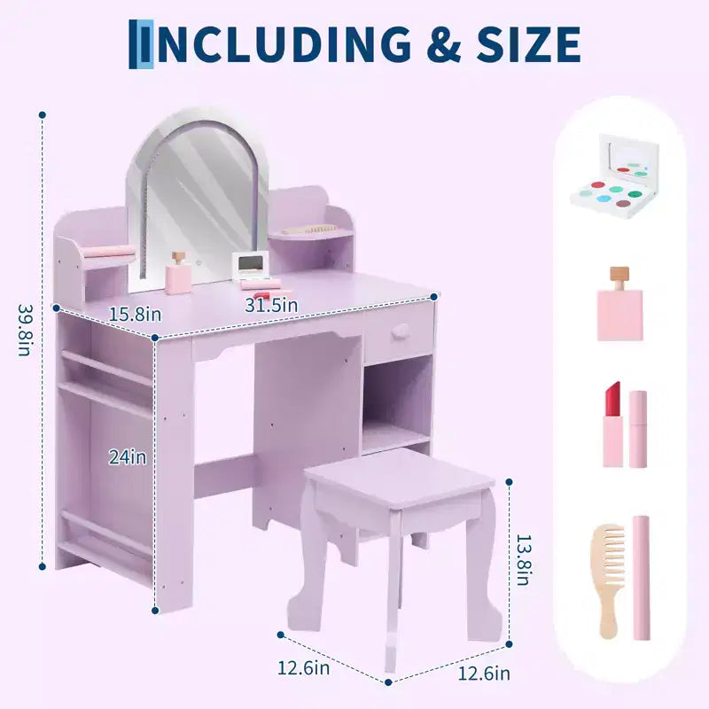 Kids Vanity with Lighted Mirror, Adjustable LED Light, Drawer & Open Shelves for Girls Ages 3-9