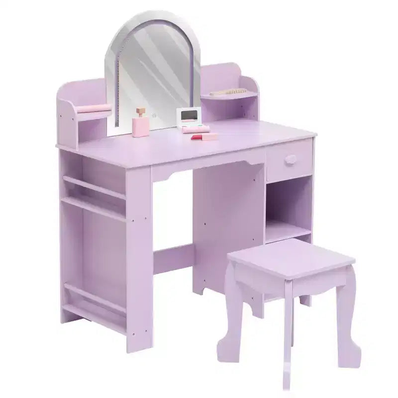 Kids Vanity with Lighted Mirror, Adjustable LED Light, Drawer & Open Shelves for Girls Ages 3-9