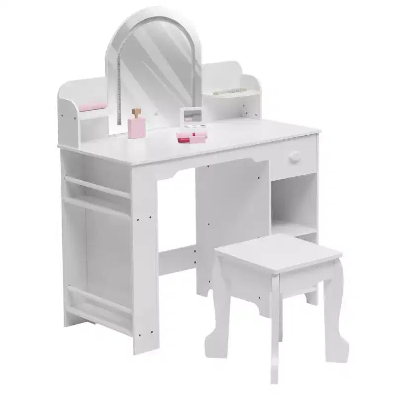 Kids Vanity with Lighted Mirror, Adjustable LED Light, Drawer & Open Shelves for Girls Ages 3-9