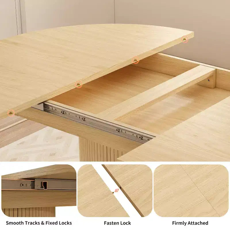 Extendable Dining Table 43"-59" for 4-6 People, Solid Wood Top with Fluted Slide Door & 8-Compartment Storage