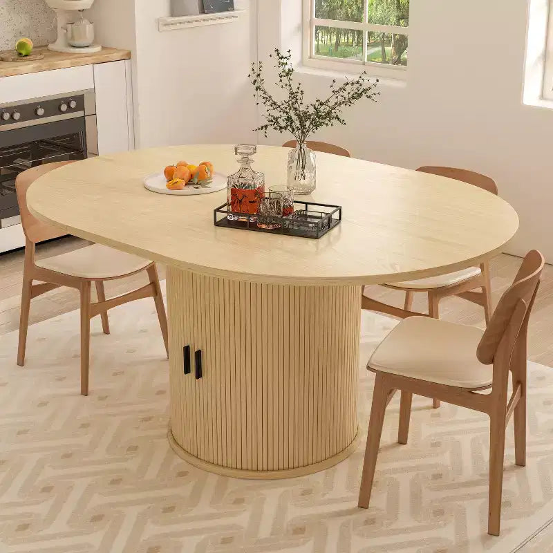 Extendable Dining Table 43"-59" for 4-6 People, Solid Wood Top with Fluted Slide Door & 8-Compartment Storage