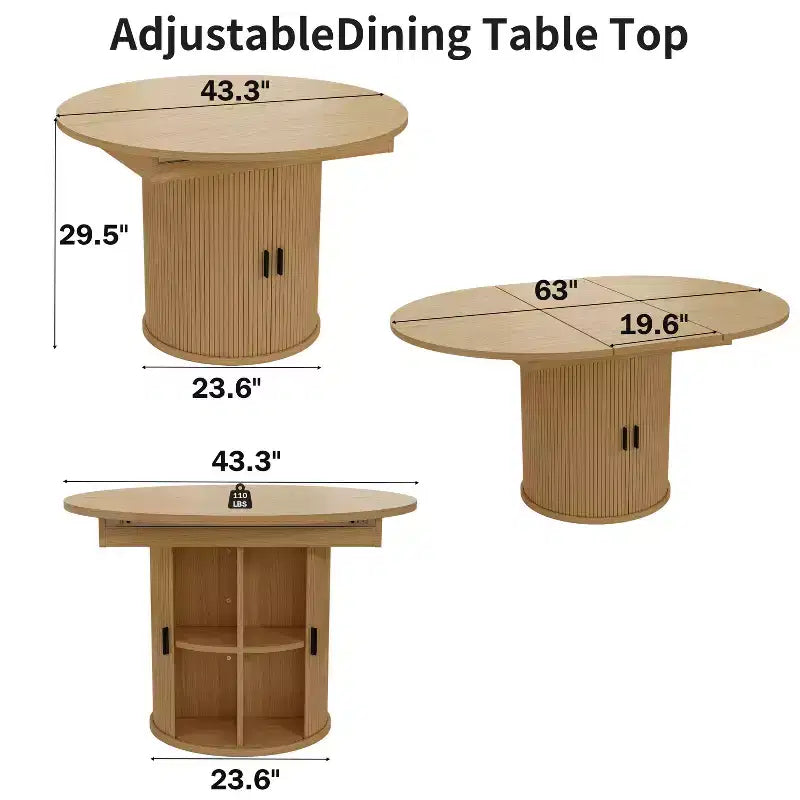 Extendable Dining Table 43"-59" for 4-6 People, Solid Wood Top with Fluted Slide Door & 8-Compartment Storage