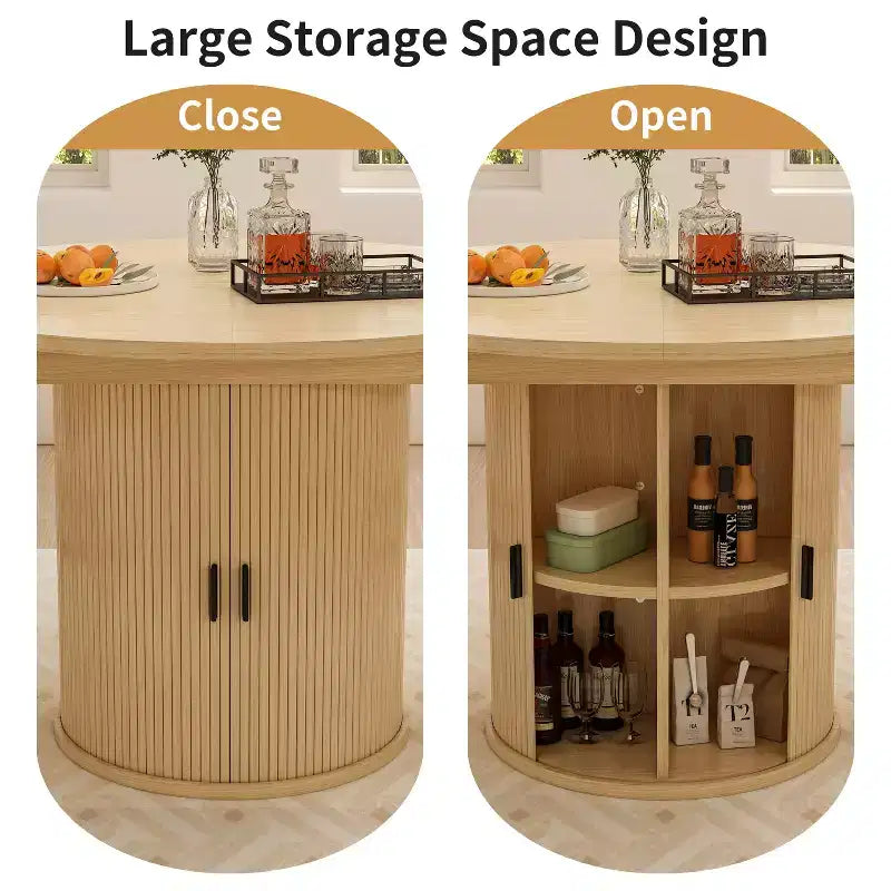 Extendable Dining Table 43"-59" for 4-6 People, Solid Wood Top with Fluted Slide Door & 8-Compartment Storage