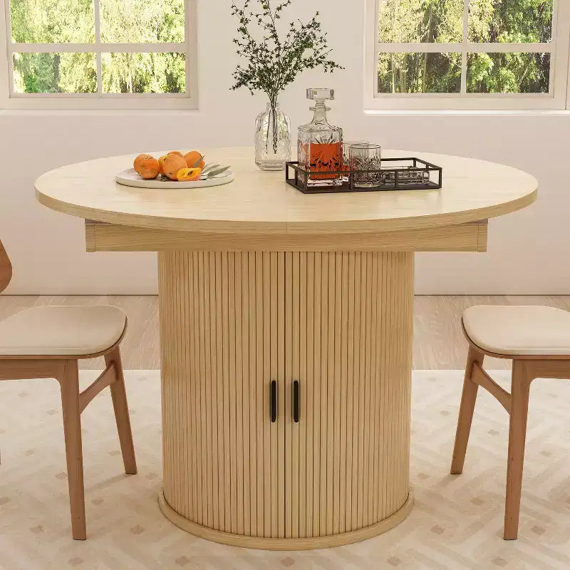 Extendable Dining Table 43"-59" for 4-6 People, Solid Wood Top with Fluted Slide Door & 8-Compartment Storage