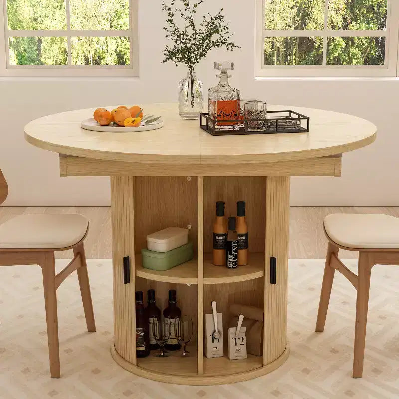 Extendable Dining Table 43"-59" for 4-6 People, Solid Wood Top with Fluted Slide Door & 8-Compartment Storage