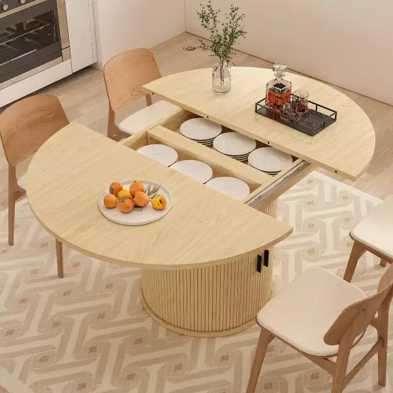 Extendable Dining Table 43"-59" for 4-6 People, Solid Wood Top with Fluted Slide Door & 8-Compartment Storage