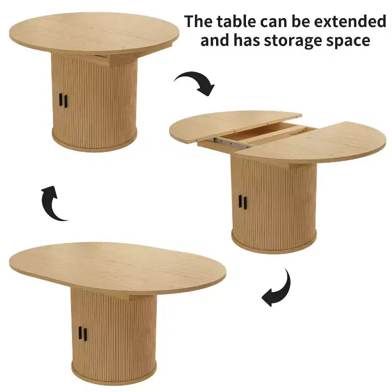 Extendable Dining Table 43"-59" for 4-6 People, Solid Wood Top with Fluted Slide Door & 8-Compartment Storage