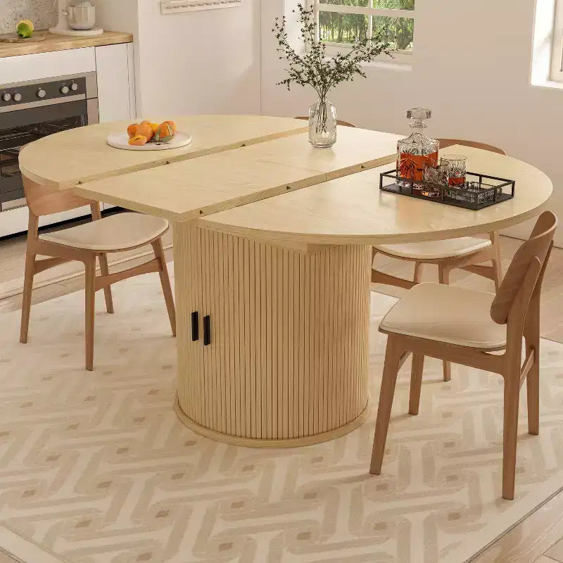 Extendable Dining Table 43"-59" for 4-6 People, Solid Wood Top with Fluted Slide Door & 8-Compartment Storage