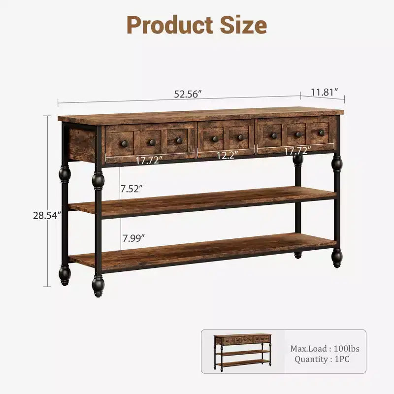 Sofa Table with Storage Drawers, 3-Tier Metal Console Table for Entryway, Behind Couch, Hallway, Living Room