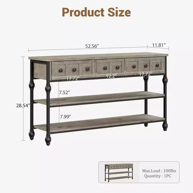 Sofa Table with Storage Drawers, 3-Tier Metal Console Table for Entryway, Behind Couch, Hallway, Living Room