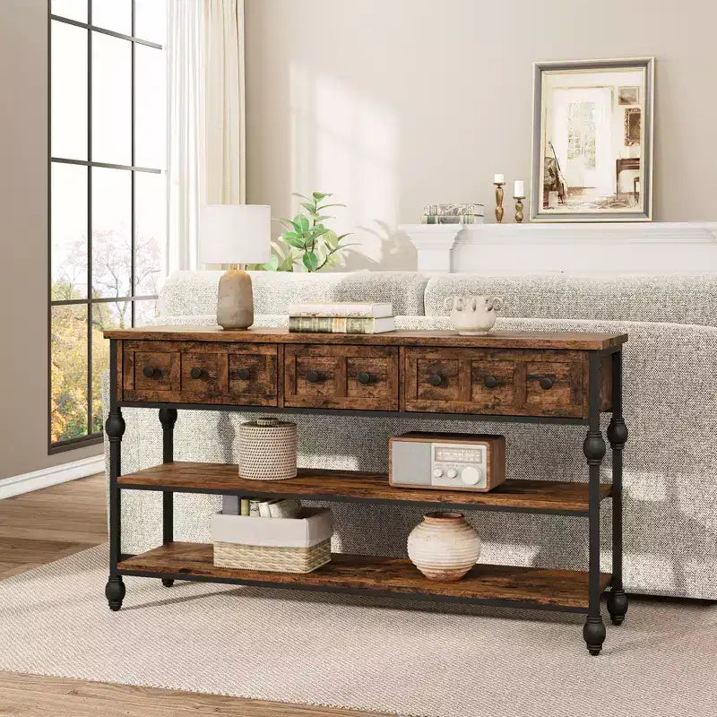 Sofa Table with Storage Drawers, 3-Tier Metal Console Table for Entryway, Behind Couch, Hallway, Living Room
