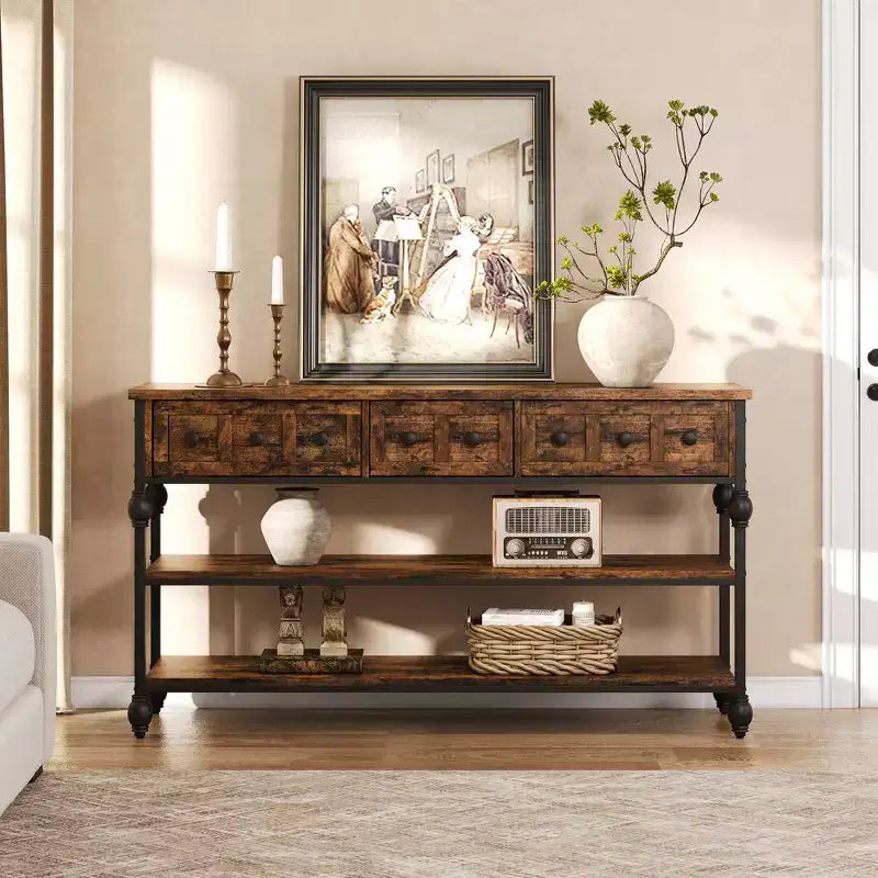 Sofa Table with Storage Drawers, 3-Tier Metal Console Table for Entryway, Behind Couch, Hallway, Living Room