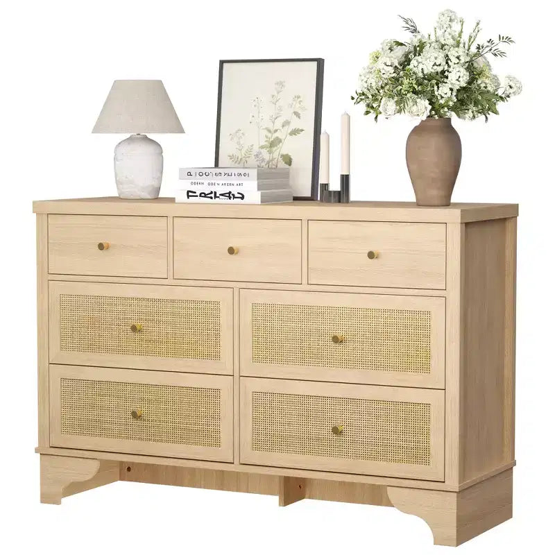 7 Drawer Dresser, 47.3" Wide Rattan Chest of Drawers, Boho Closet Organizer for Bedroom, Living Room, Entryway