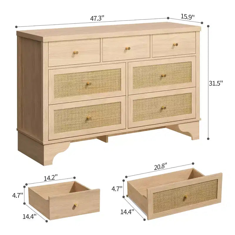 7 Drawer Dresser, 47.3" Wide Rattan Chest of Drawers, Boho Closet Organizer for Bedroom, Living Room, Entryway