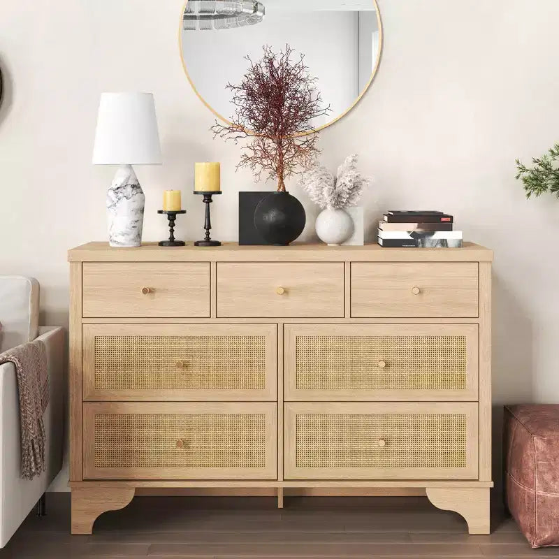 7 Drawer Dresser, 47.3" Wide Rattan Chest of Drawers, Boho Closet Organizer for Bedroom, Living Room, Entryway