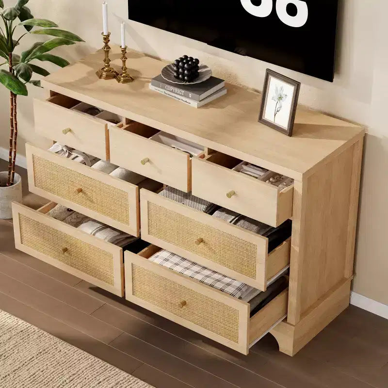 7 Drawer Dresser, 47.3" Wide Rattan Chest of Drawers, Boho Closet Organizer for Bedroom, Living Room, Entryway