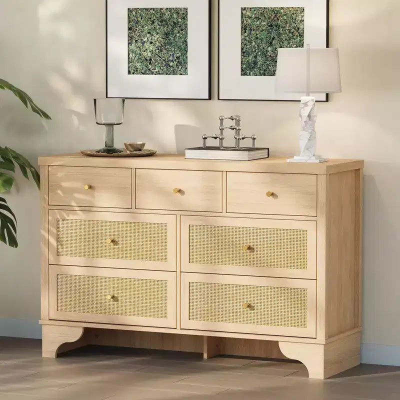 7 Drawer Dresser, 47.3" Wide Rattan Chest of Drawers, Boho Closet Organizer for Bedroom, Living Room, Entryway