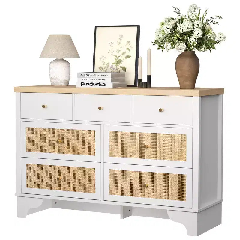7 Drawer Dresser, 47.3" Wide Rattan Chest of Drawers, Boho Closet Organizer for Bedroom, Living Room, Entryway