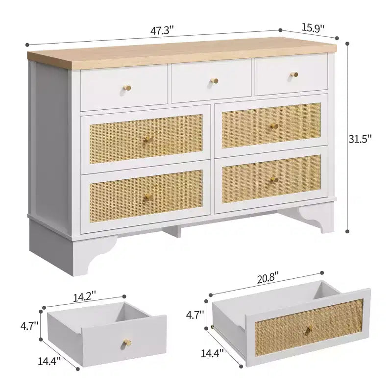 7 Drawer Dresser, 47.3" Wide Rattan Chest of Drawers, Boho Closet Organizer for Bedroom, Living Room, Entryway