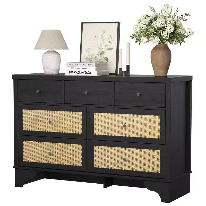 7 Drawer Dresser, 47.3" Wide Rattan Chest of Drawers, Boho Closet Organizer for Bedroom, Living Room, Entryway