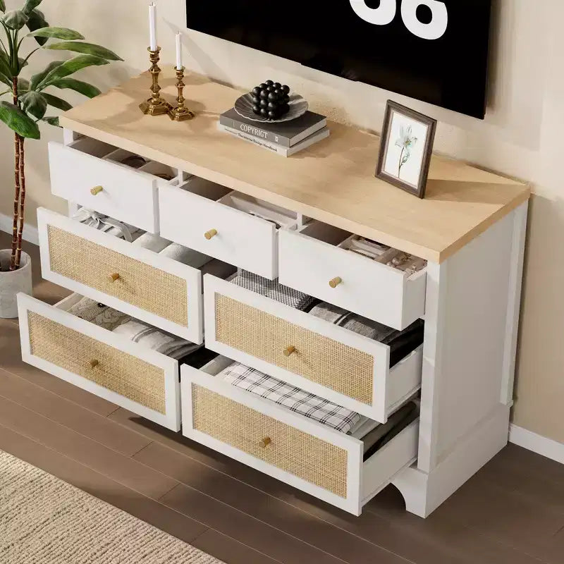 7 Drawer Dresser, 47.3" Wide Rattan Chest of Drawers, Boho Closet Organizer for Bedroom, Living Room, Entryway